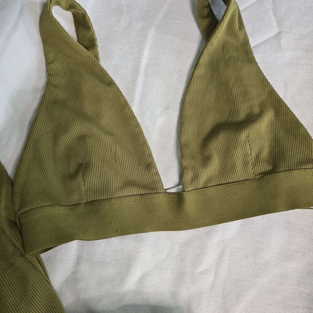 Olive Green Ribbed Bra & Leggings Set | Size Small | Lounge or Workout - Picture 4 of 6